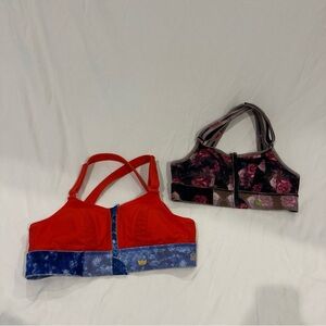 SHEFIT Red and Blue Sports Bra with Floral Black Design